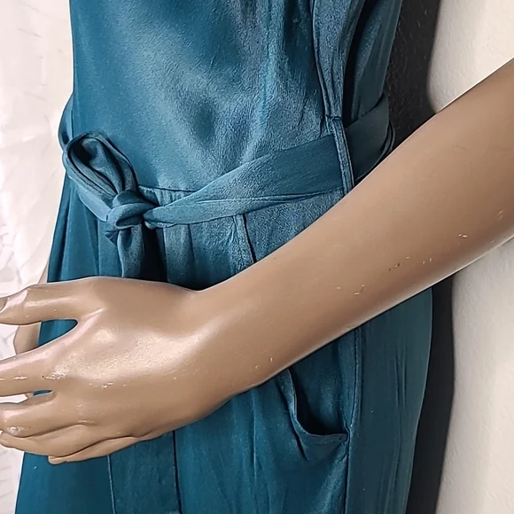 Jumpsuit Size Large Teal Green Satin Dressy Culotte Pants Drape Front Festive - Picture 4 of 9